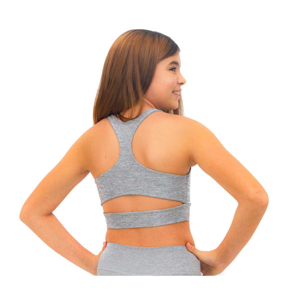 Girls sports bra back view with silver energy print