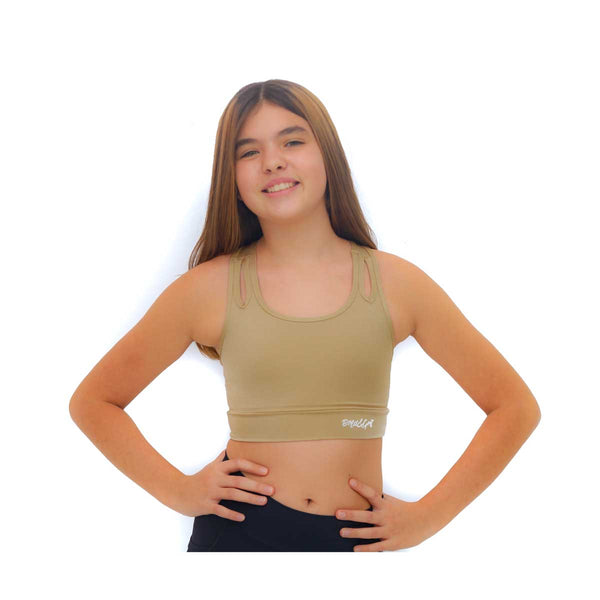 Girls sports bra front view with gold energy print
