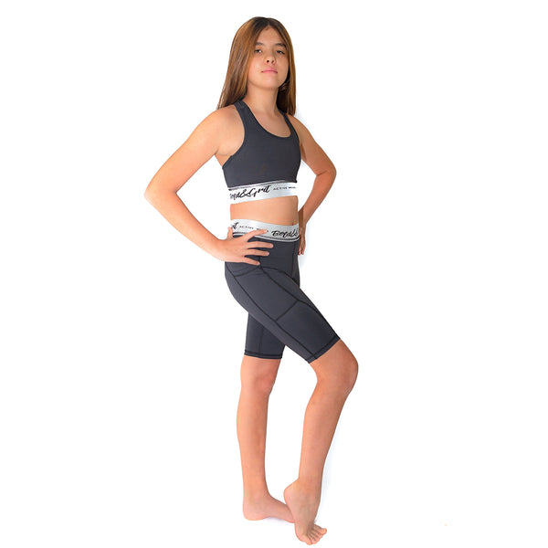 Girls shorts front view with motivational print