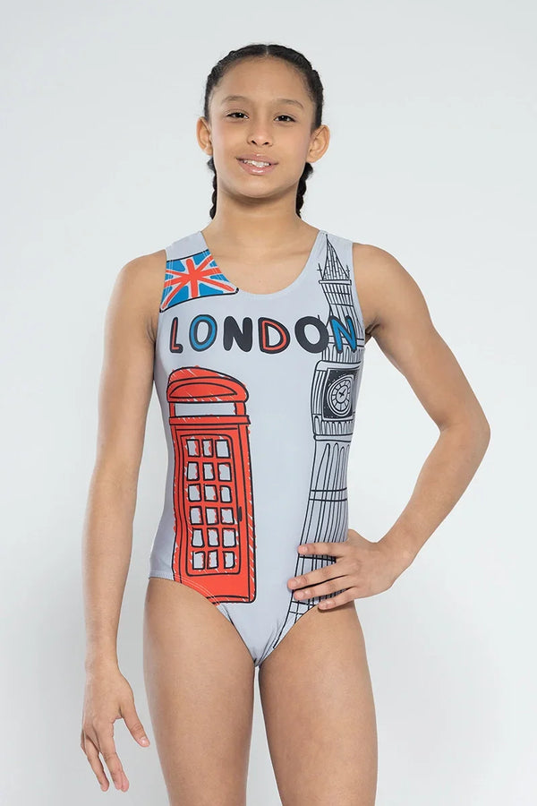 Girls gymnastics leotard front view with London themed print design
