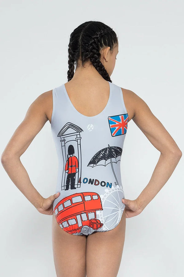Girls gymnastics leotard front view with London themed print design