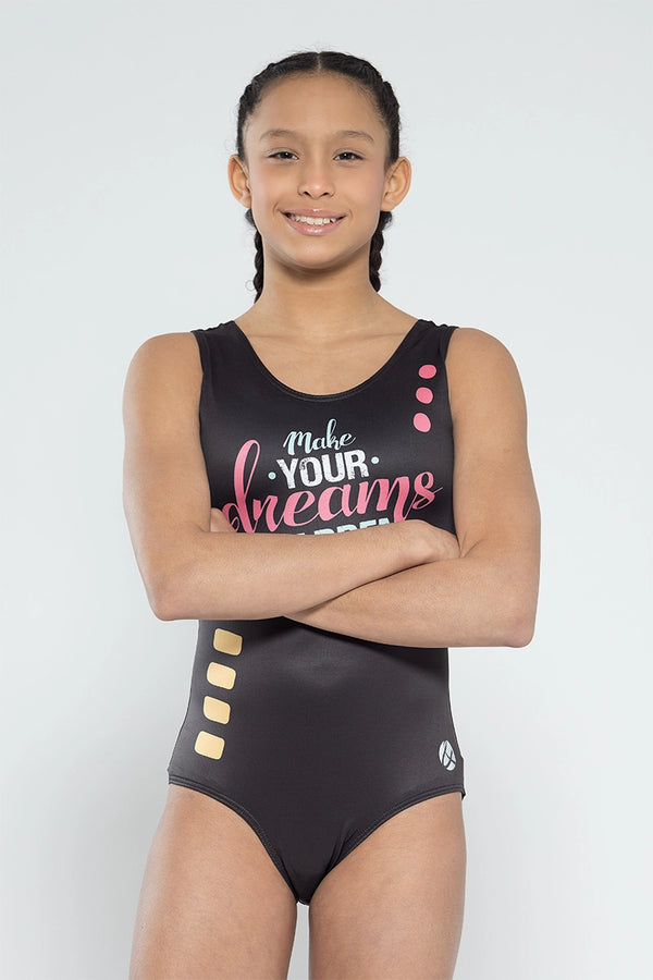 Girls gymnastics leotard front view with motivational dreams print design