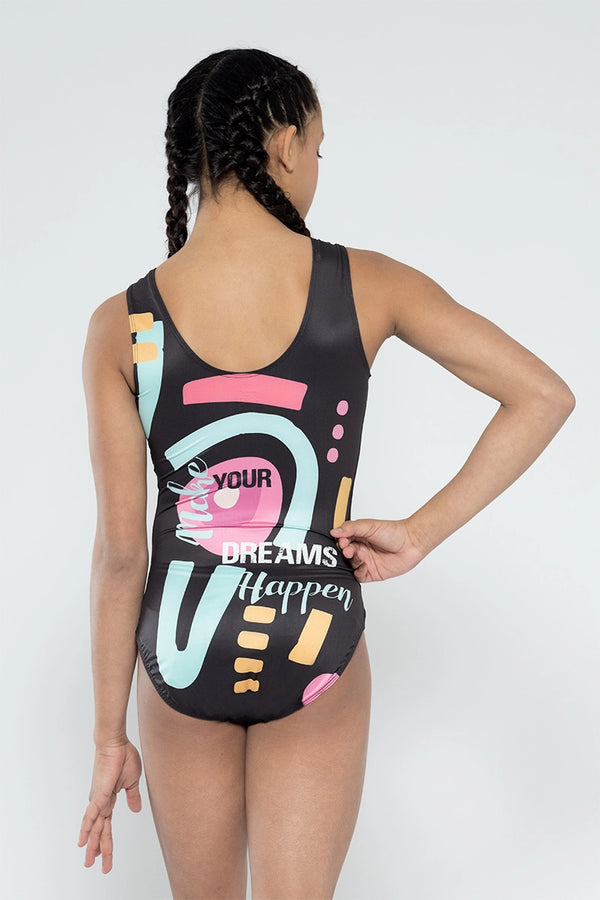 Girls gymnastics leotard front view with motivational dreams print design