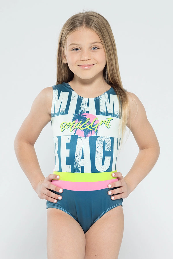 Girls gymnastics leotard front view with Miami Beach retro print design