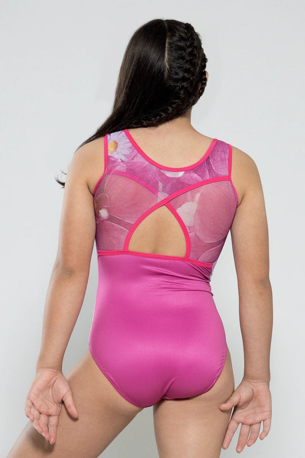 Girls gymnastics leotard front view with orchid bloom floral design
