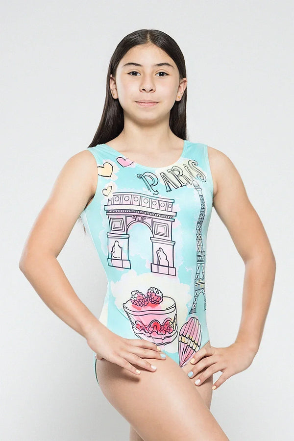 Girls gymnastics leotard front view with Paris themed print design