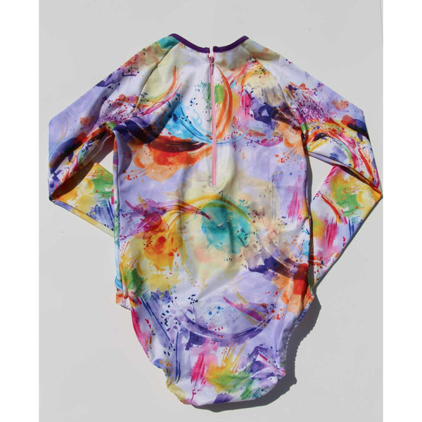 Girls long sleeve swimsuit back view with multicolored print design