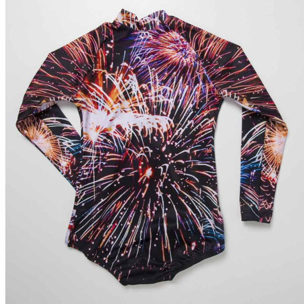 Girls long sleeve swimsuit front view with fireworks print design