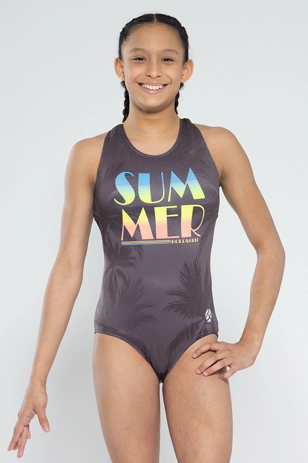 Girls gymnastics leotard front view with summer black print design