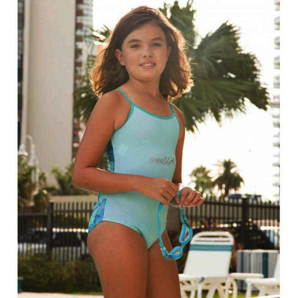 Girls swimsuit front view with blue water print