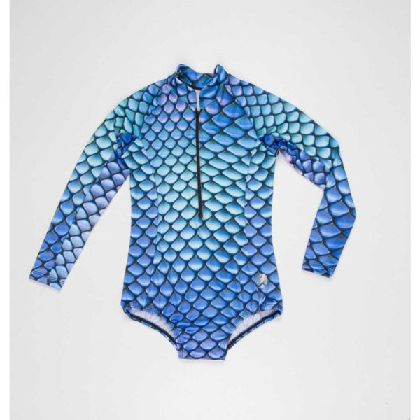 Girls long sleeve swimsuit front view with blue flakes  print