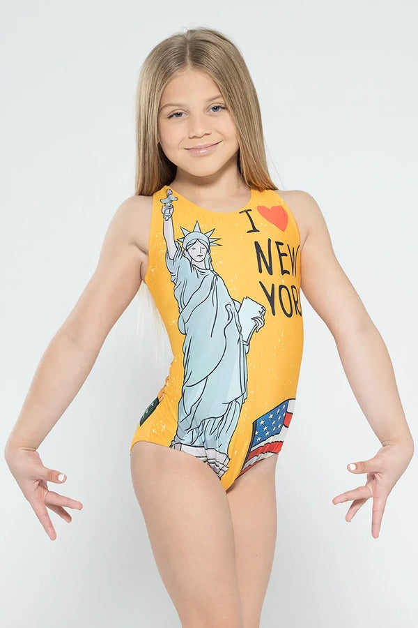 Girls gymnastics leotard front view with New York themed design