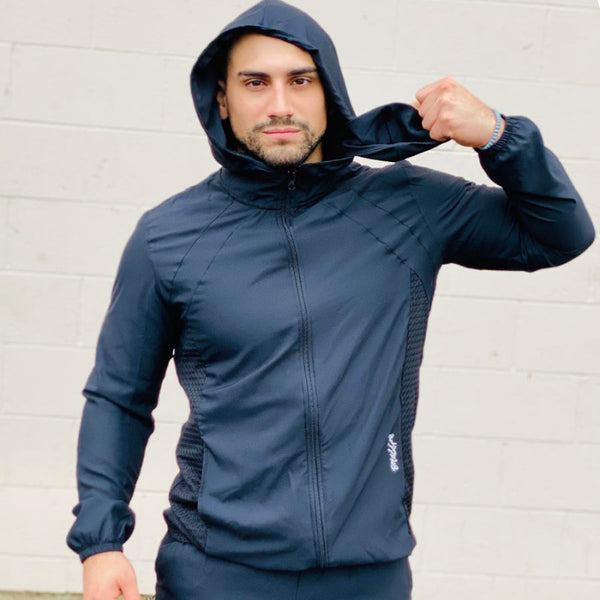 Men's jacket and jogger set front view with solid black protective design