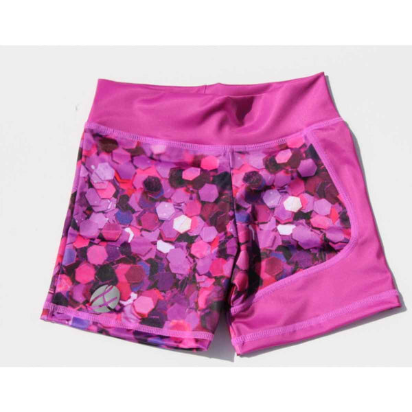 Girls shorts front view with pink spangle love print