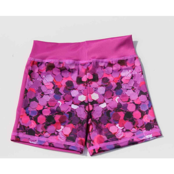 Girls shorts front view with pink spangle love print