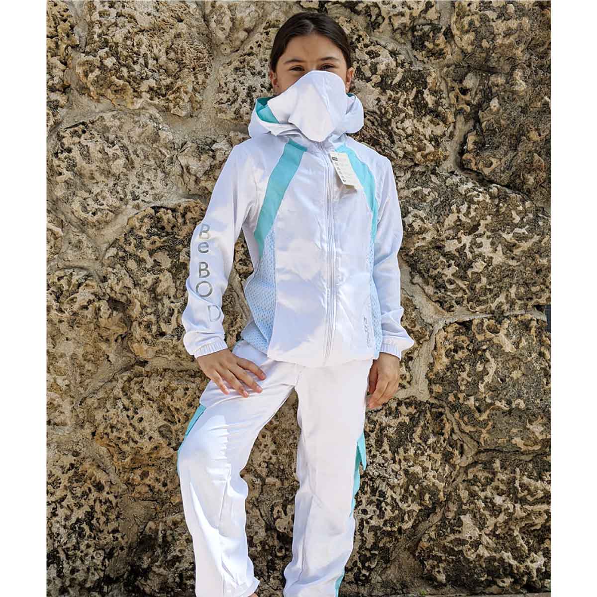 PROTECTIVE WHITE AND BLUE GIRLS' JACKET AND JOGGER SET - FACE MASK INCLUDED