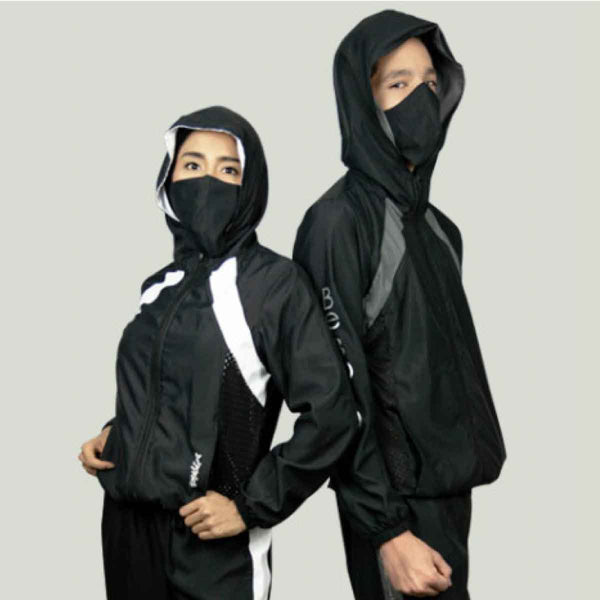 Jacket front view with black and gray protective design