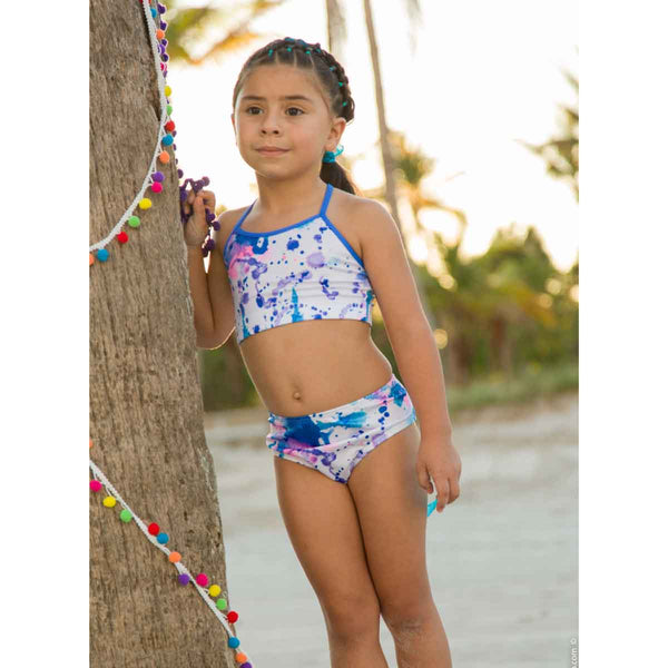 Girls swimsuit front view with splash paint design