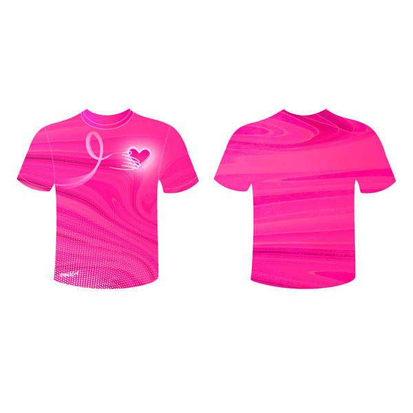 Unisex t-shirt front view with pink heart awareness print