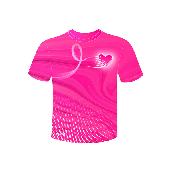 Unisex t-shirt front view with pink heart awareness print